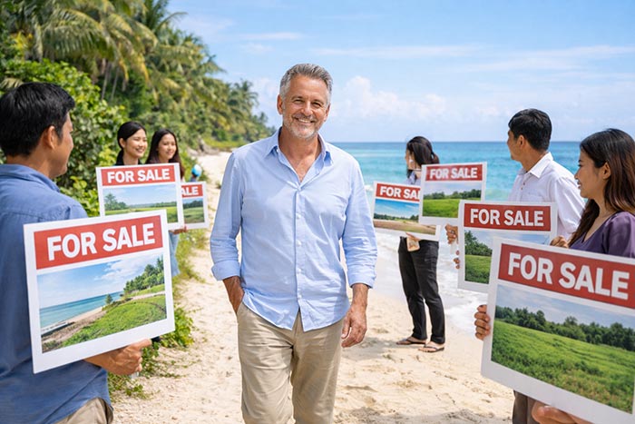 A western man walking on a path along the beach and Thai people holding sign with land for sale